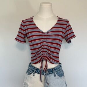 GB Fashion London Blue & Red Crop Top Fitted Striped Ruched Drawstring XS